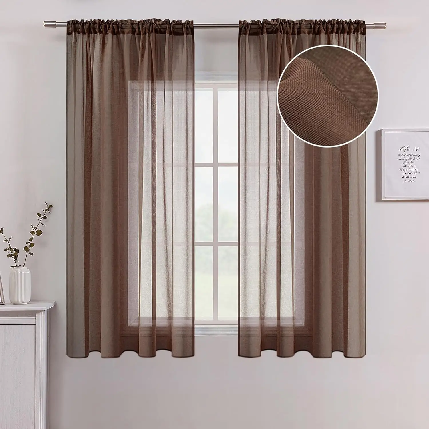 Chocolate Brown Textured Sheer Curtains 54W*63L for Bedroom| for Bedroom Living Room Semi Transparent Voile Farmhouse Window Drapes Rod 2 Panels Set