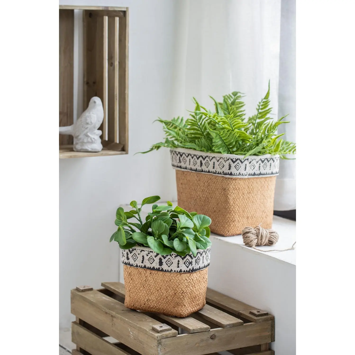 Set of 2 Concrete Rectangular Basket Planters with Geometric Trim, 10.5x8.5x8 in, 12.10 Lbs, Home Organizer Storage Baskets for Indoor Plant Display, Set Of 2 Basket Planters