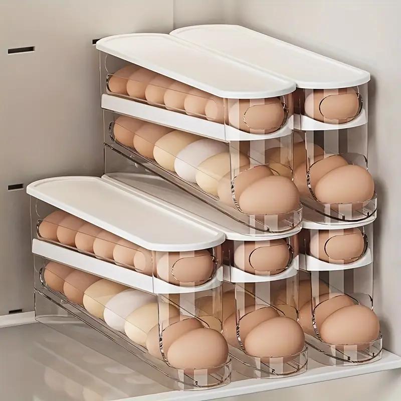 Double Layer Egg Storage Box, 1 Count Space Saving Rolling Egg Storage Box, Washable Plastic Egg Holder for Refrigerator, Household Home Organization, Stackable Fridge Organizer