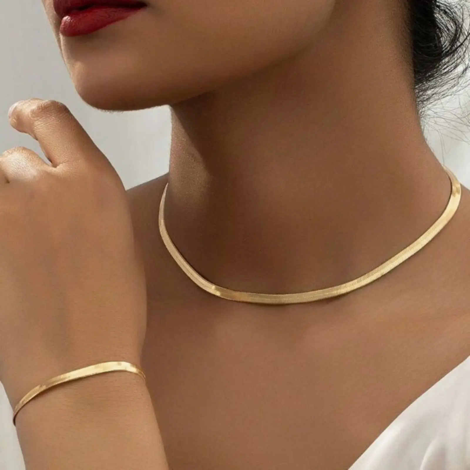 Women's Silver Herringbone Snake Chain Choker & Thin Cuff Bracelet Set - Minimalist, Dainty Flat Blade Collarbone Jewelry, Tarnish Proof, Smooth Polished, Stackable Female Daily Wear Accessory for Dating, Office, Tarnish Proof Jewelry, Choker + Cuff