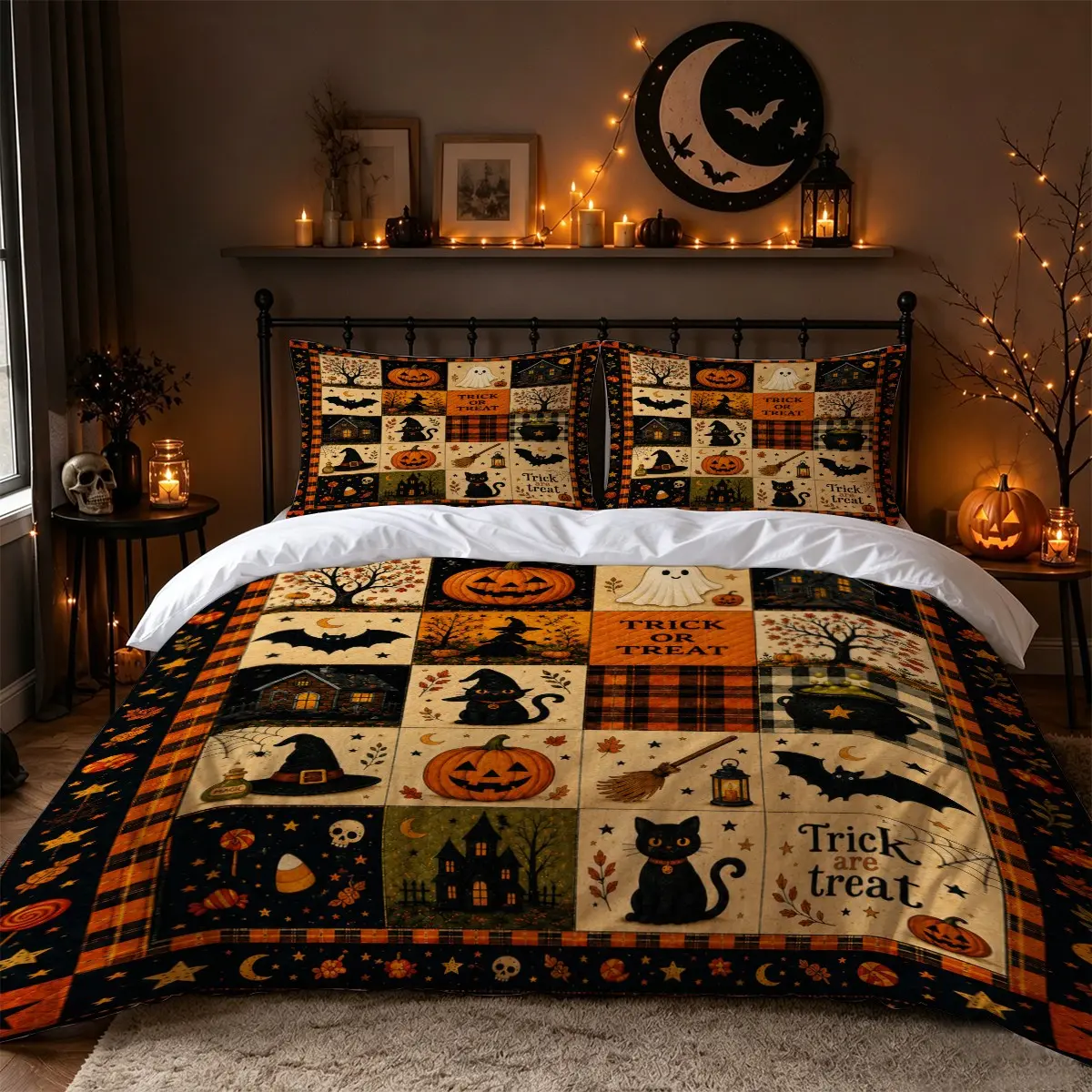 3-Piece Halloween Duvet Cover Set, Pumpkin Ghost Black Cat Bat Haunted House Patchwork Print, Vintage Gothic Farmhouse Bedding, Includes 1 Duvet Cover and 2 Pillowcases, Soft Washable Bed Set for Bedroom, Dorm and Fall Decor, Comforter Not Included