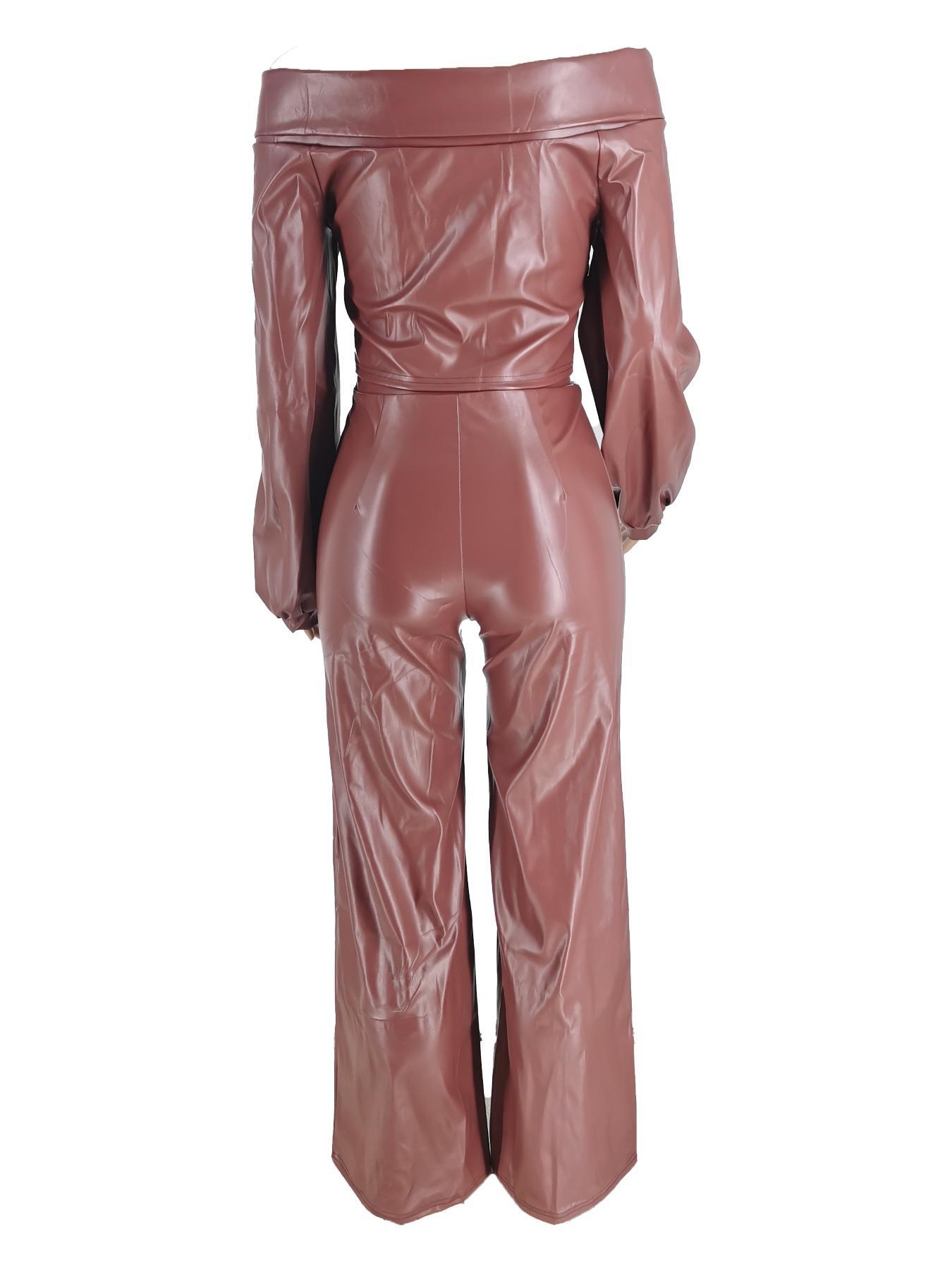 Two-Piece Set Women's Spring Casual Plain Off Shoulder Knot Front Bishop Sleeve Blouse & Wide Leg Pants Set, Solid Color Long Sleeve Top & Trousers Set for Fall, Women's Clothes