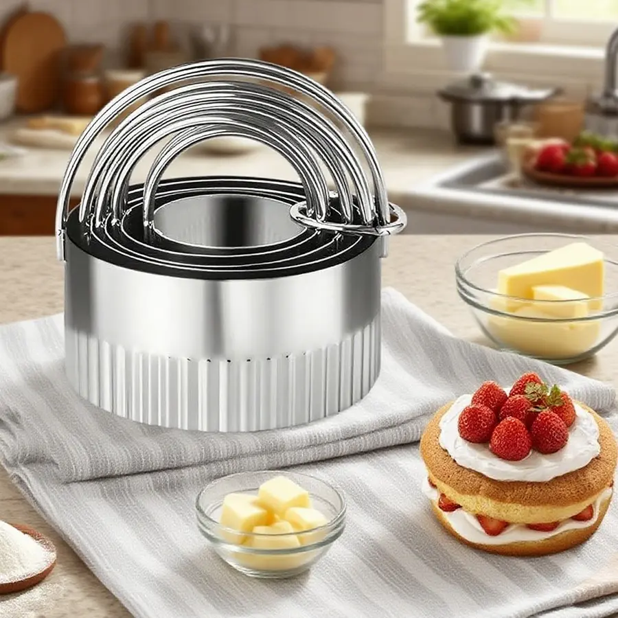 5 Pcs Set Stainless Steel Cake Mould Biscuit Cutters Round Waves Heart Shaped Stamp Embossing Moulds for Baking Decorating Baking Tools