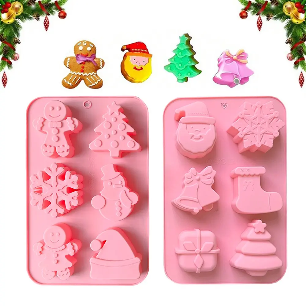 2pcs Christmas Silicone Molds, 6-Hole Dessert Cake Bread Baking Mold, baking tools, home baking supplies, Snowflake, Christmas Tree, Snowman, Santa Claus Holiday Cake Decorations