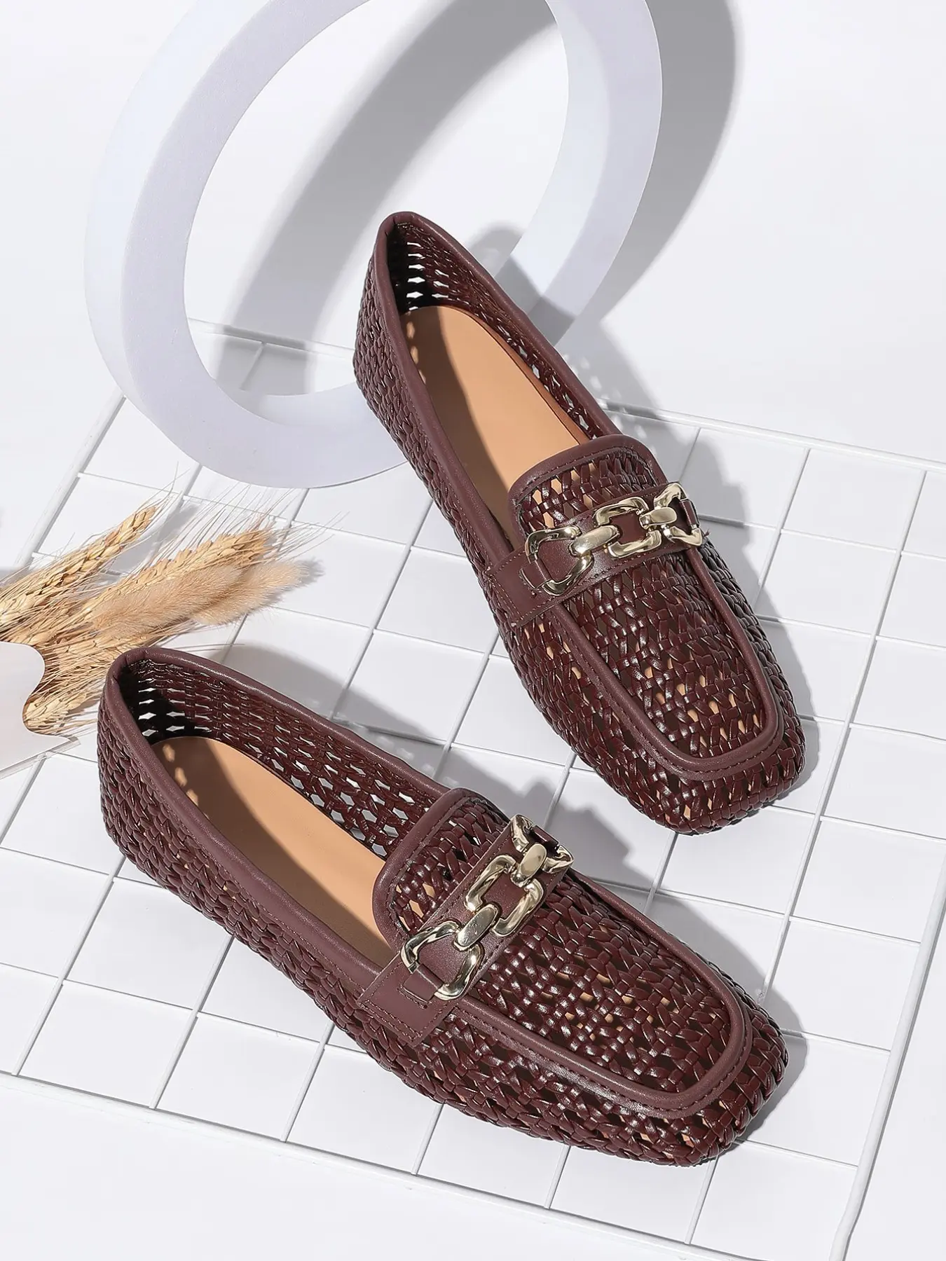 Women's Retro Braided Flat Sandals, Square Toe Chain Decor, Breathable Mesh Design, Soft Leather Material, Casual Trendy Flat Daily Wear, Soft Sole Flats