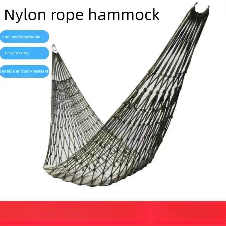 Outdoor indoor mesh rope hammock mesh hammock single belt ring bold net pocket nylon hammock swing leisure tree bed backyard camp