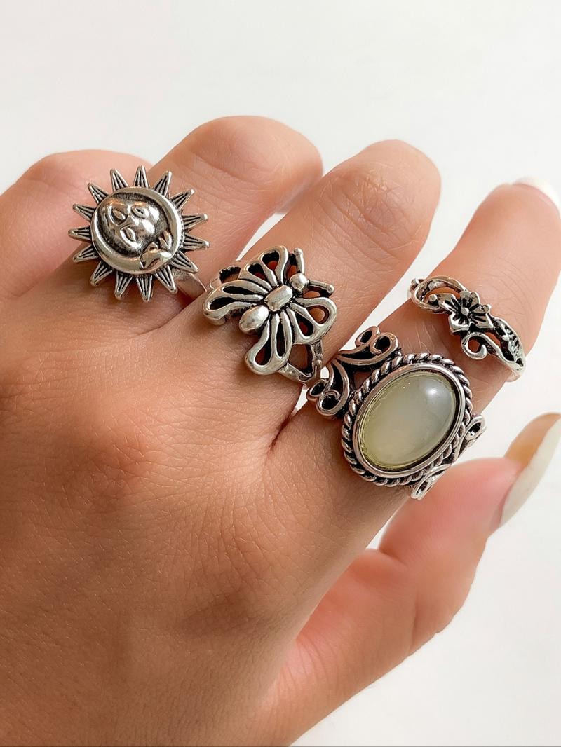 4pcs/set Vintage Butterfly & Flower Design Grunge Ring Bundles Kit, Streetwear Stack Ring, Fashion All-match Accessories for Women & Girls
