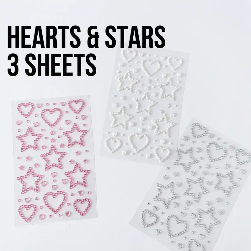 Rhinestone Heart & Star Shaped Sticker Sheets (3 Counts), Self Adhesive Decorative Sticker, DIY Decals for Scrapbooking, Journaling, Gift Wrapping, Art & Crafts Stickers, Sticker Packs, Scrapbook Accessories