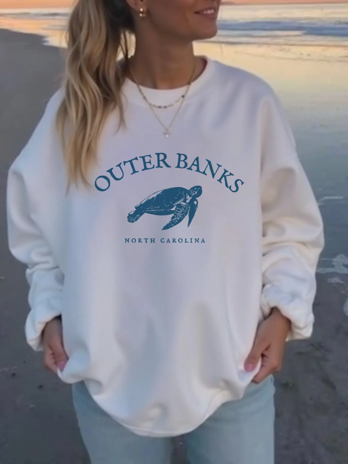 Women's Vintage Style Oversized Sweatshirt, Turtle North Carolina Print, Casual Loose-Fit Round Neck, Fall Beach Travel Essential, Versatile Long Sleeve Top