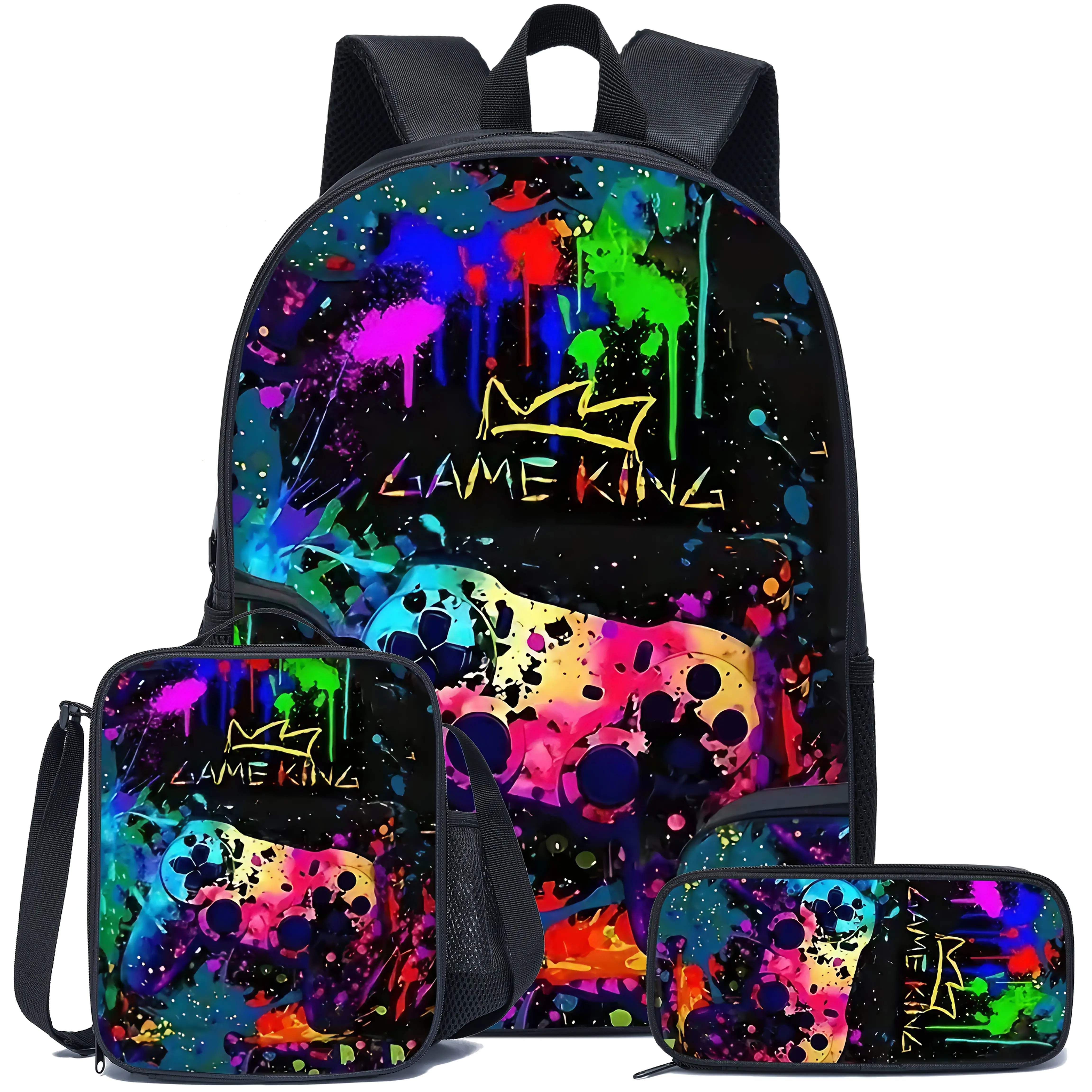 3-Piece Graffiti Gamer Backpack Set for Boys Girls Teens, Color Splash Game Controller School Bookbag with Matching Lunch Bag and Pencil Case, Urban Gaming Travel Daypack Gift