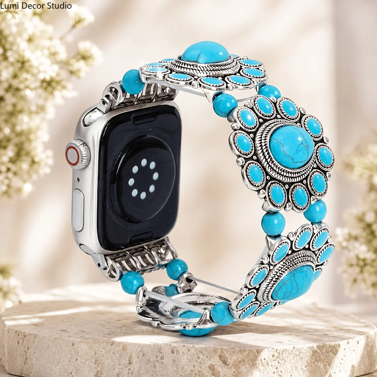 Vintage Turquoise Watch Band - Antique Style Beaded Bracelet Replacement Strap with 20/22mm Connectors for Smartwatches Daily Wear