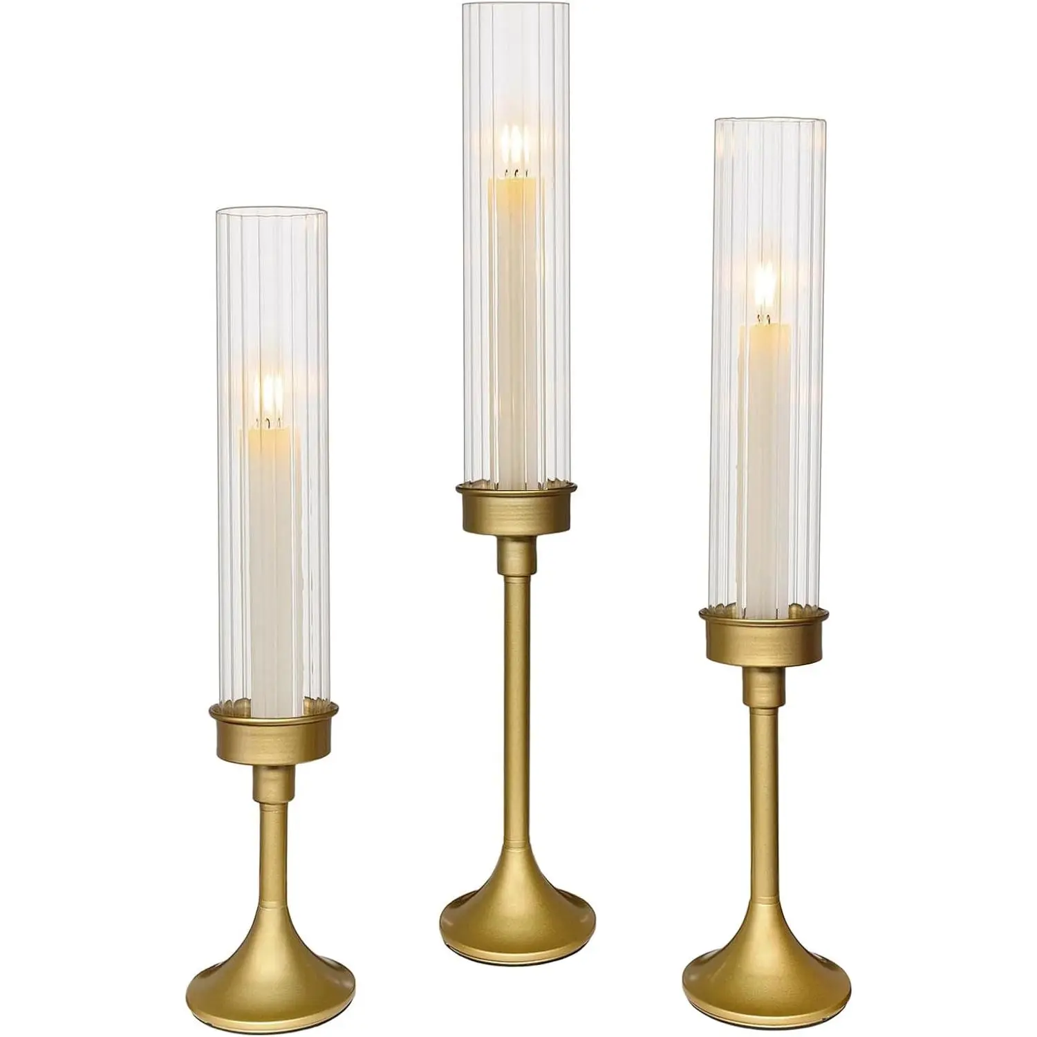 Gold Hurricane Candle Holders - Brass Candlestick Holders Set of 3 Tall Taper Candlesticks Fluted Glass Candle Stick Holder Decor for Wedding Party Christmas Mantel Dining Table Centerpieces