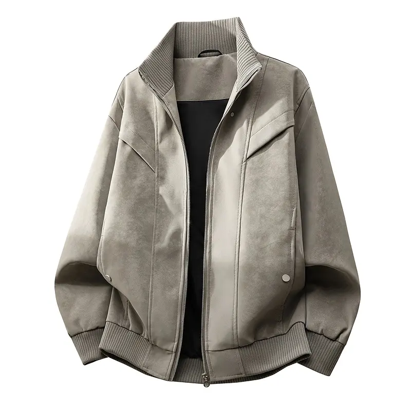 Men's vintage faded suede stand-collar jacket is equipped with side pockets with metal snaps and ribbed cuffs, collar and hem. With retro American street style, it is versatile for spring and autumn and suitable for daily and street wear.