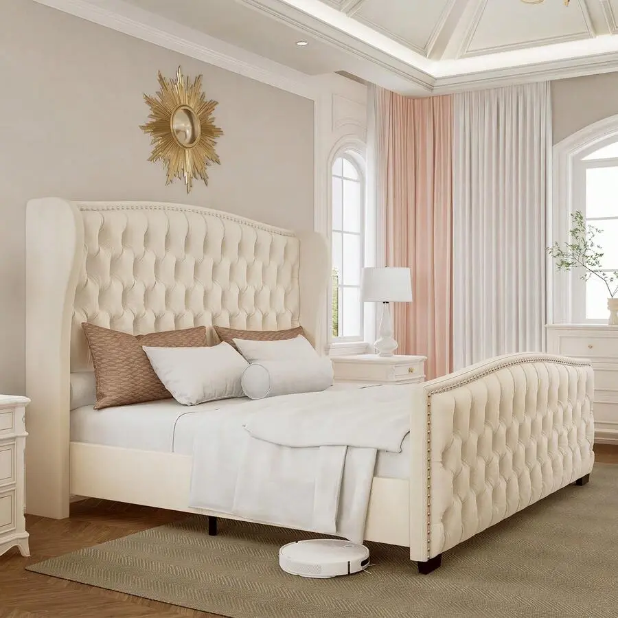 Queen/ King/ California King Size Bed Frame For Bedroom Furniture, Velvet Upholstered Platform Sleigh Bed With Curved Headboard And Footboard, Deep Button Tufted Design, Wood Slat Support, No Box Spring Needed, Cream,corner bed frame,cama,,twin