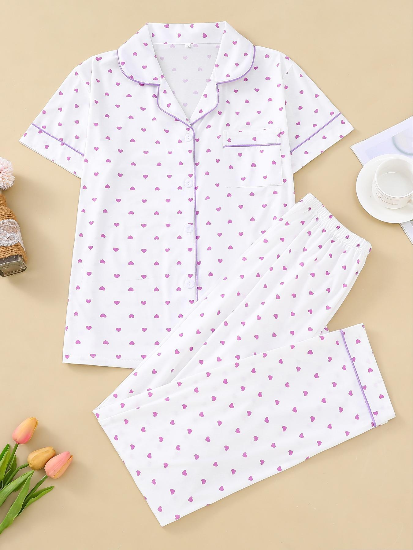 2 Pieces Women's Heart Print Pocket Button Front Shirt & Elastic Waist Pants Pyjama Set, Casual Short Sleeve Lapel Top & Trousers, Valentine's Day Gift, Women's Sleepwear for Summer