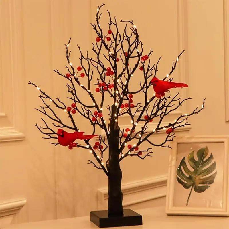 1 Piece Vintage Red Cardinal Glowing Tree Light, LED Mini Birch Tree with Berries Indoor Decorative Light, Tabletop Birch Wood Decor with Red Bird Christmas Mood Light for Holiday Home Christmas Decoration and Seasonal Display
