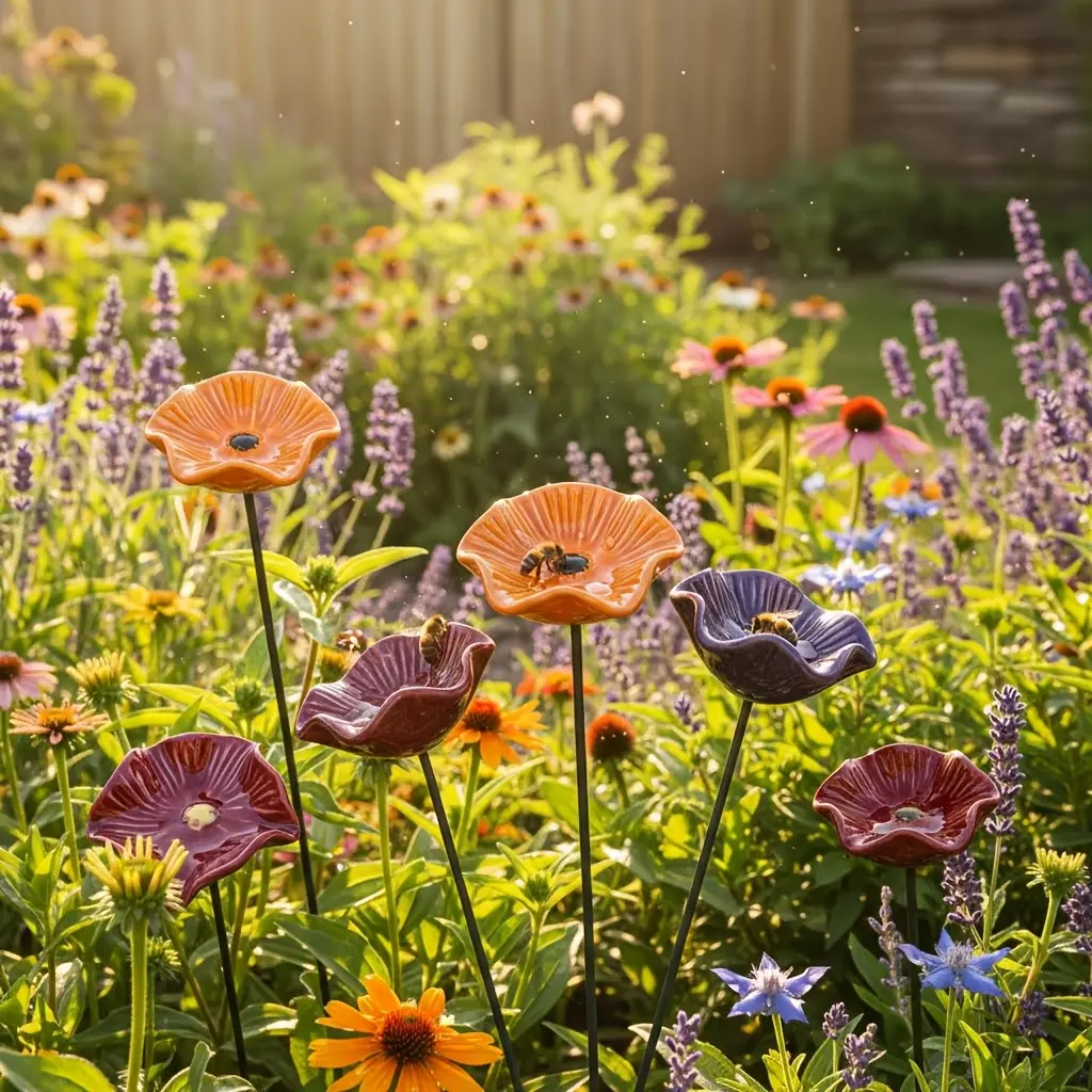 6pcs three-color floral-style bee waterers, featuring a creative floral and bee design with visual appeal, with garden decorative stakes for easy installation. Suitable for indoor decoration, outdoor plant sculptures, and insect feeder stands.