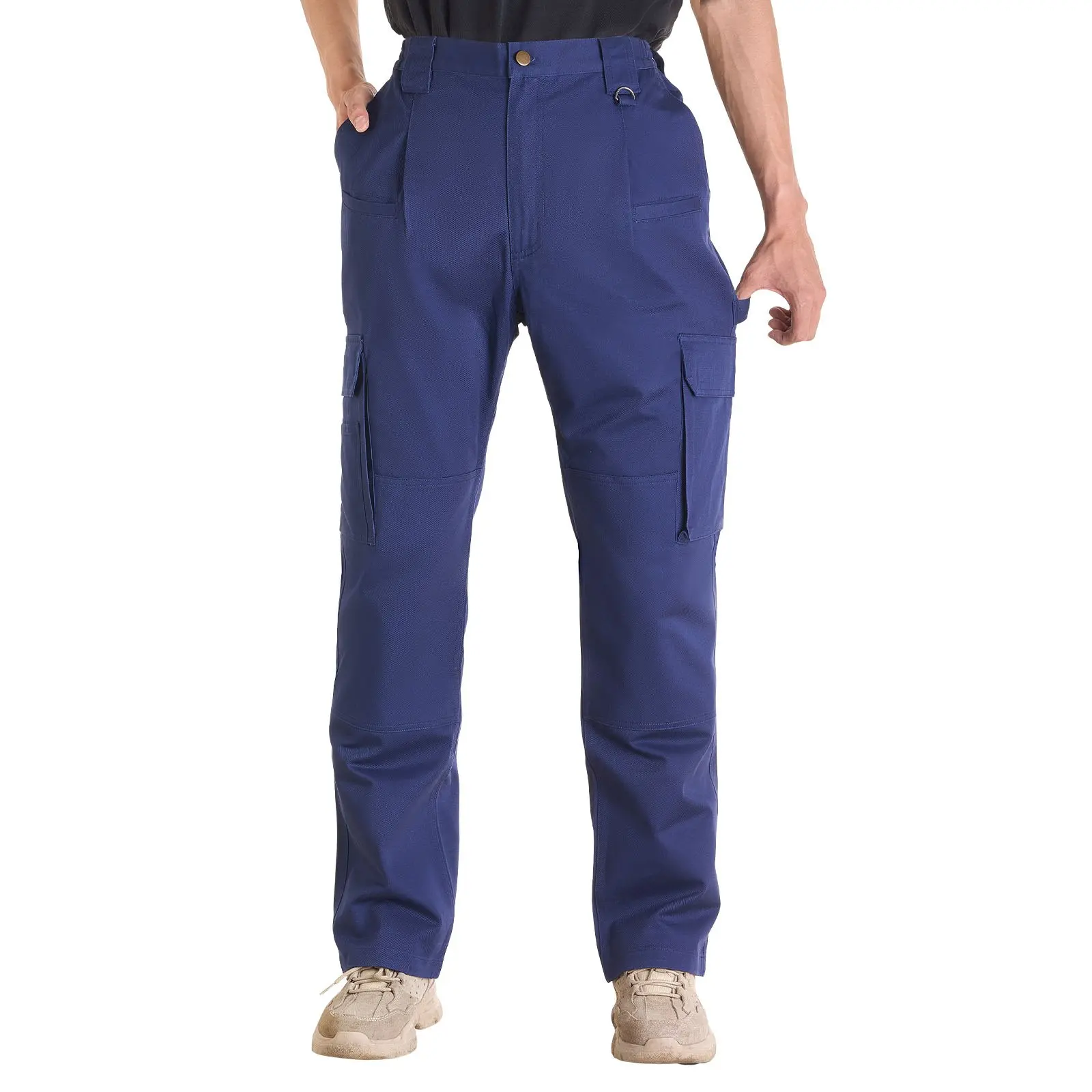 VEVOR Men's Casual Flame-Resistant Twill Cargo Pants, 9 oz 100% Cotton, Thermal Stretchy, Abrasion & Tear Resistant, Roomy Fit, Multi-Pockets, Elastic Waist, Belt Loops, Reinforced Stitching, Ideal for Welding Work, L, Dark Blue