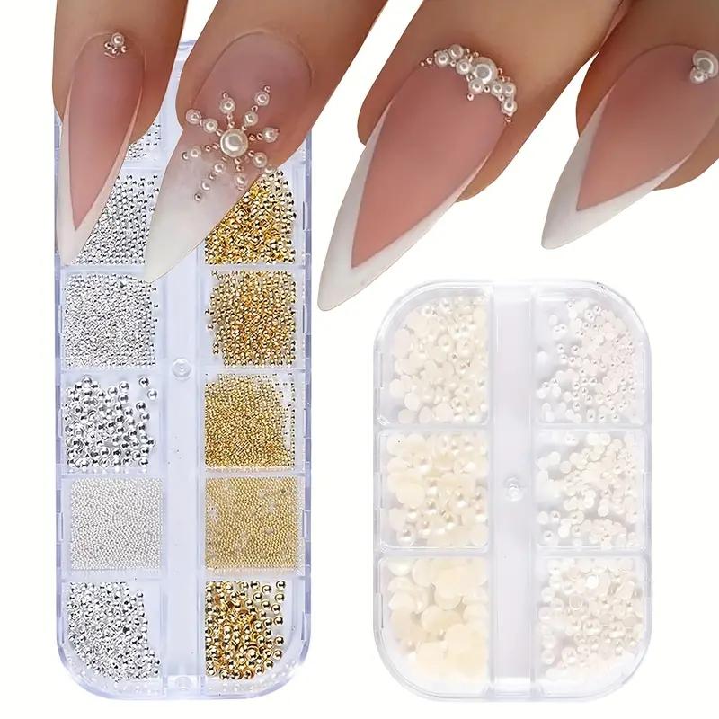 Flat Pearl Nail Art Accessories, 2 Boxes Mixed Size Small Steel Ball & Pearl, Beautiful Semi-circular Nail DIY Art Supplies, Nail Accessories for Women