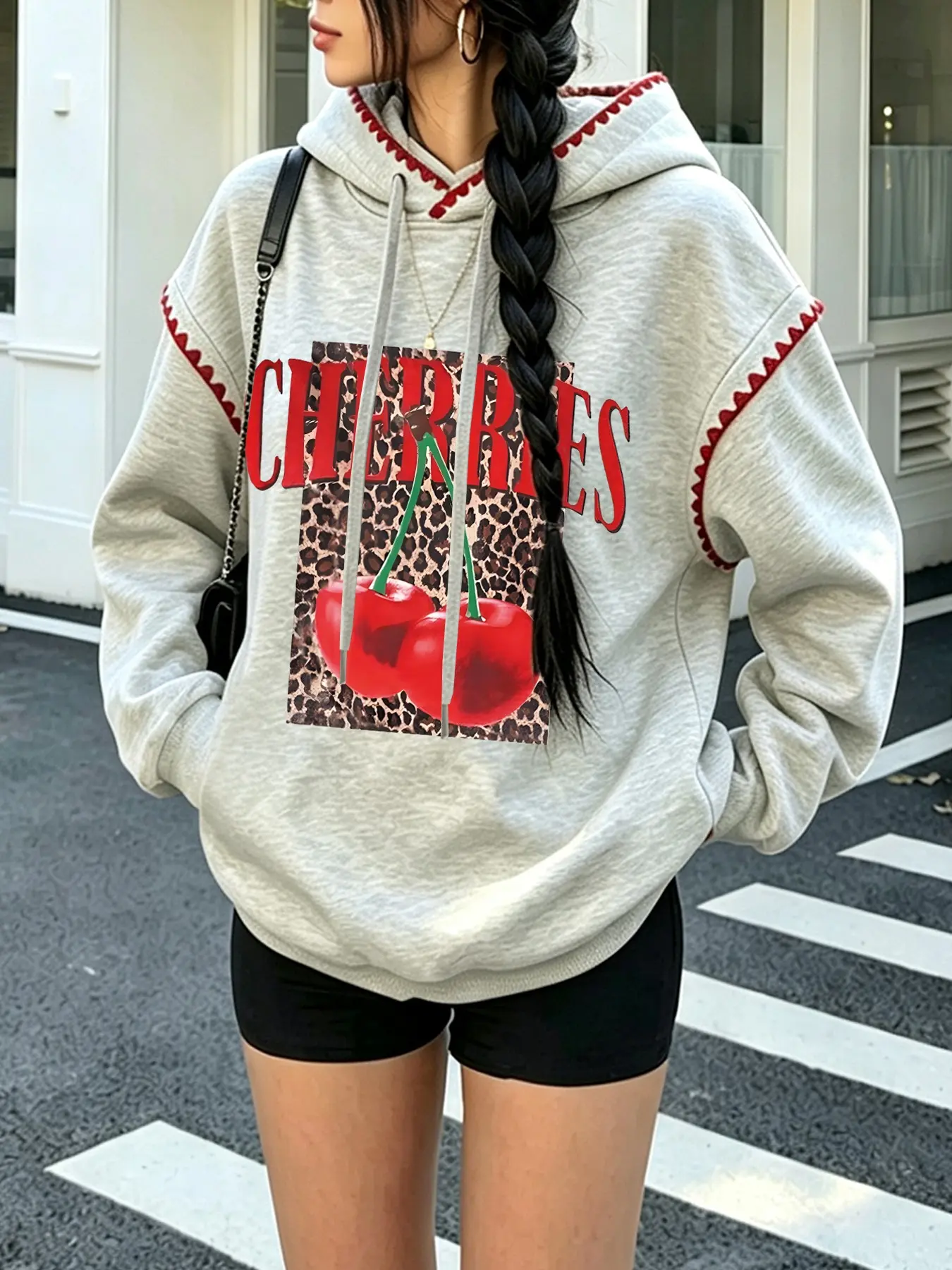 Women's Casual Retro Patchwork Hooded Top, Leopard Print Cherry Pattern, Soft Comfortable Fabric, Perfect for Daily Wear