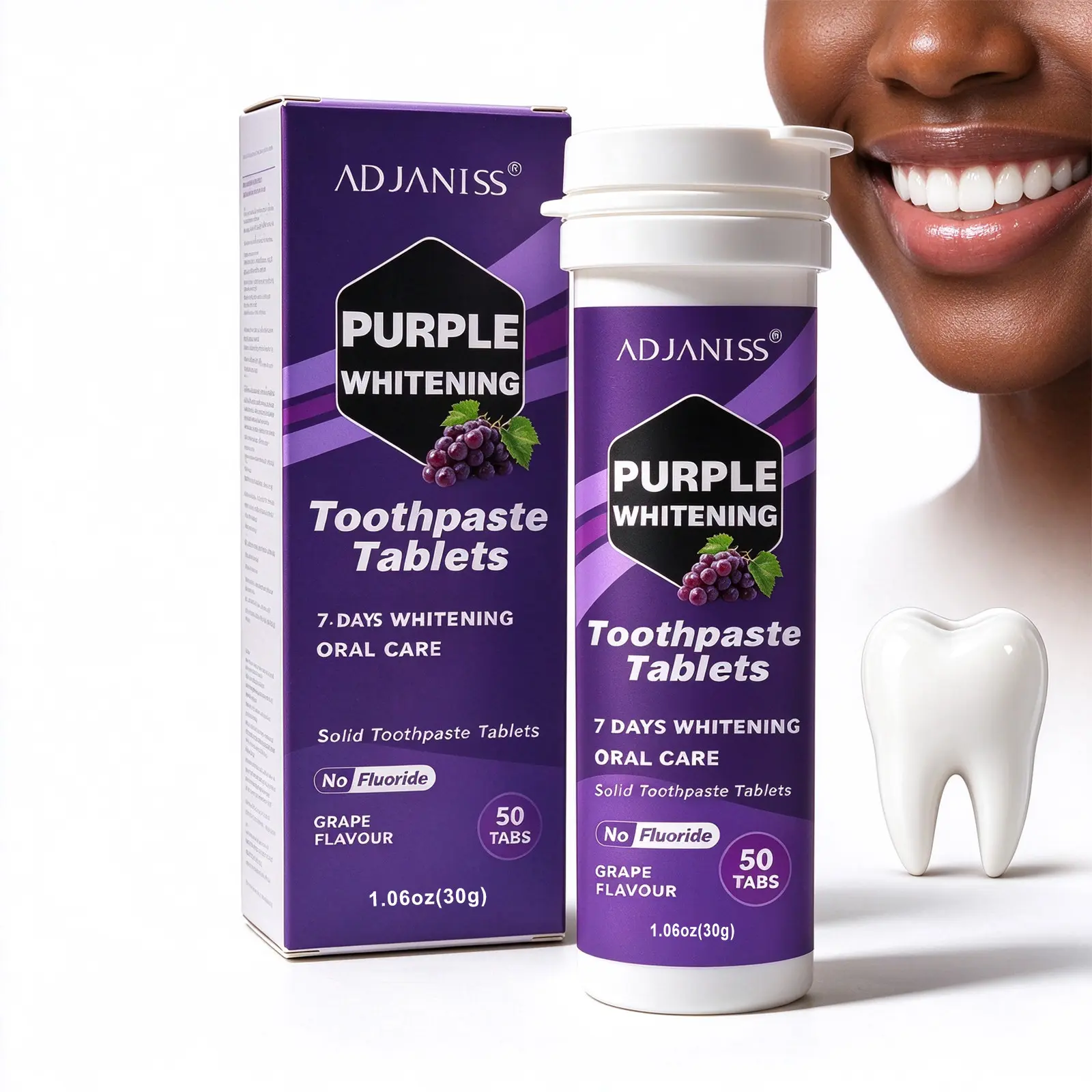 Adjaniss Grape Flavor Solid Toothpaste Tablets, Fluoride-Free Portable Whitening Oral Care, 50 Pieces, Anti-C Cavity, Single Item Balm