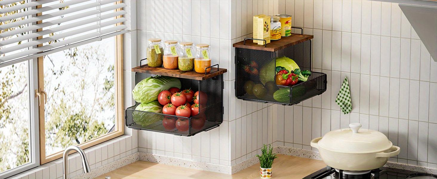 2-Pack Fruit Basket Wire Basket, Stackable Wall-Mounted Countertop Kitchen Counter Organizer for Snacks, Fruits and Vegetables Storage, Onion and Potato Hanging Basket with Wooden Lid
