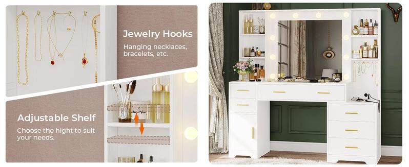 Sikaic 48.8 Inches LED Makeup Vanity with Mirror White Modern Black Vanity Table 6 Drawers Adjustable Shelf Gold Handle Waterproof Scratch Resistant