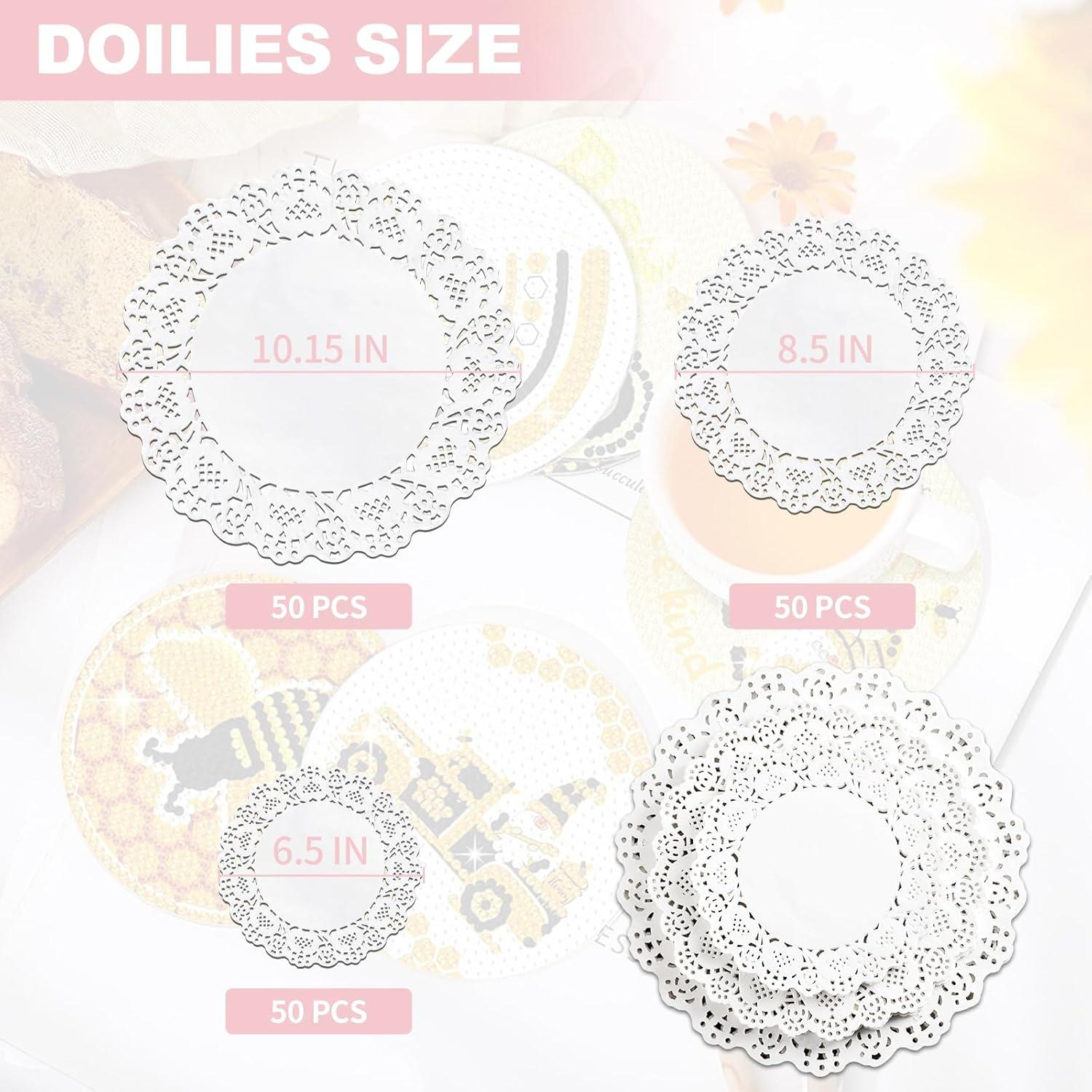Disposable Paper Doilies, 150 Pack Assorted Sizes (6.5in / 8.5in / 10.5in), White Lace Placemats for Dessert Trays, Food Display, Parties, Crafts & Wedding Decor