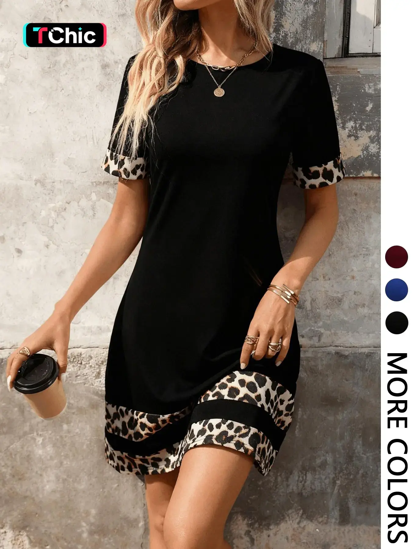 Women's Solid Color Mini Dress with Leopard Print Contrast Panels, Crew Neck, Short Sleeves, Contrast Leopard Cuff & Hem, Straight Cut, Soft Stretchy Breathable Knit Fabric, Casual Fit Chic, Casual Daily, Office Commute & Weekend Gathering Wear