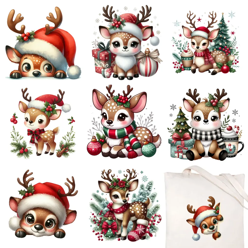 9 Pcs Christmas Reindeer Iron on Transfers Transfers Sticker On Clothes for Clothing T-Shirt Jeans Applications Iron On Transfer Patches DTF Transfers Ready iron on decals Press Washable Stickers