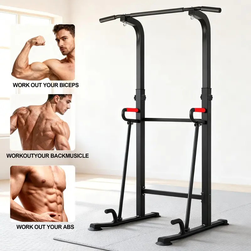 This multi-functional strength training rack is height-adjustable and suitable for home gyms. It is sturdy and durable and can be used for exercises such as pull-ups, push-ups, leg raises, and sit-ups, making it suitable for both men and women