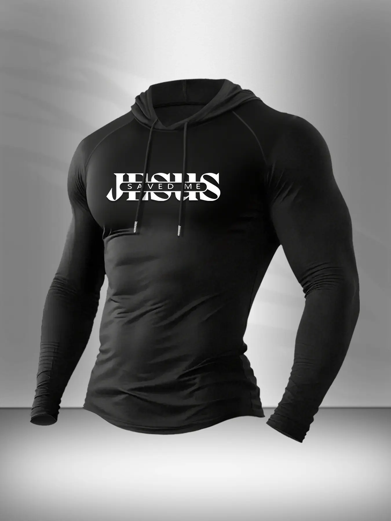 Jesus Saved Me Graphic Hooded Compression Long Sleeve Shirt for Men Soft Elastic Slim Fit Christian Faith Athletic Base Layer Workout Gym Training Daily Layering Outdoor Jogging Wear #springsaledeals2026 #summeroutfits #mensbaselayer #christianapparel