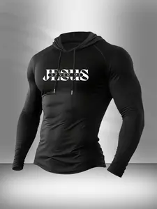 Jesus Saved Me Graphic Hooded Compression Long Sleeve Shirt for Men Soft Elastic Slim Fit Christian Faith Athletic Base Layer Workout Gym Training Daily Layering Outdoor Jogging Wear #springsaledeals2026 #summeroutfits #mensbaselayer #christianapparel