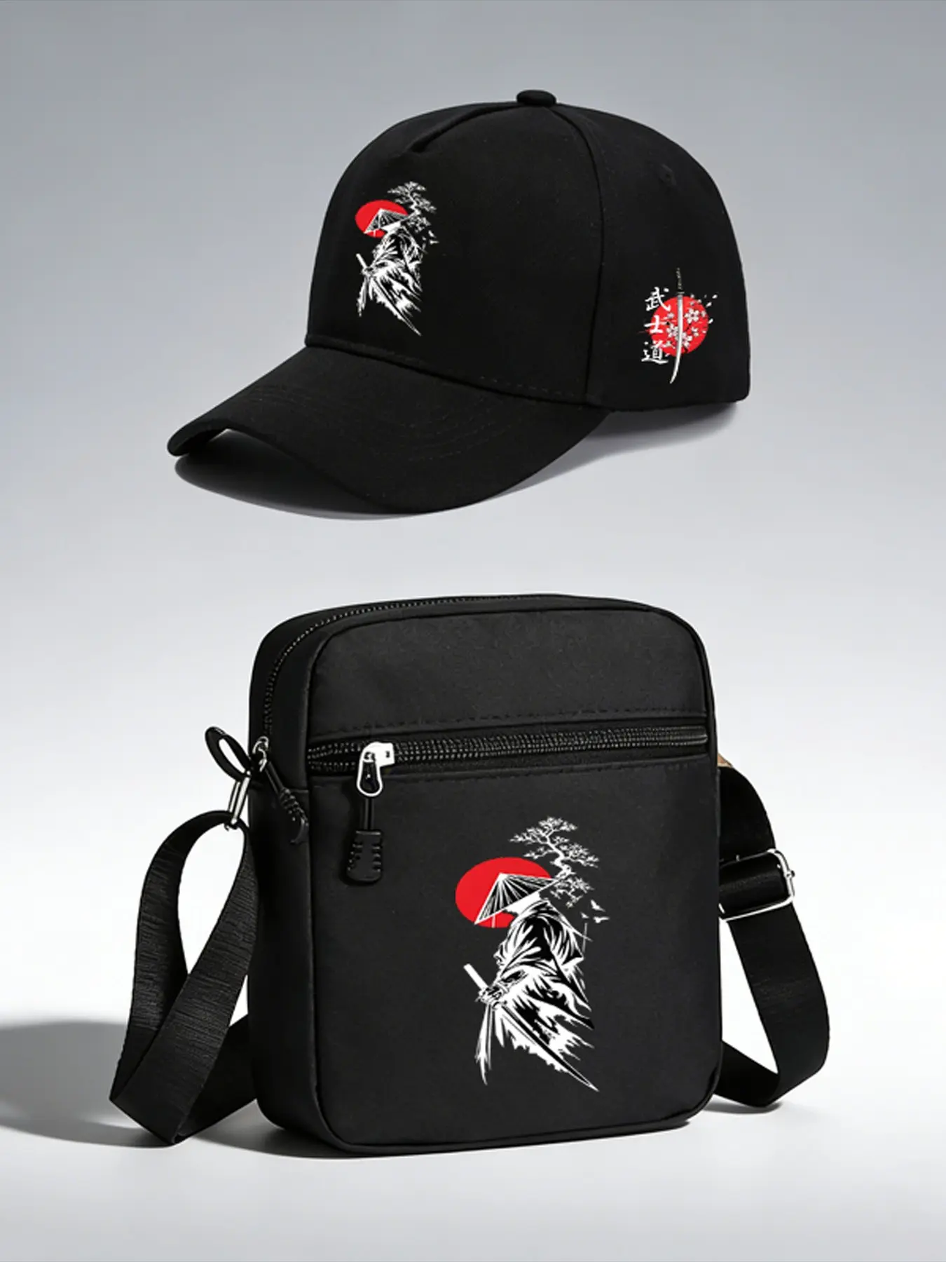 Samurai Cherry Blossom Pattern Baseball Hat and Crossbody Bag Set, Adjustable Practical Street Fashion Outdoor Sports Accessories, Perfect for Daily Wear and Gifts