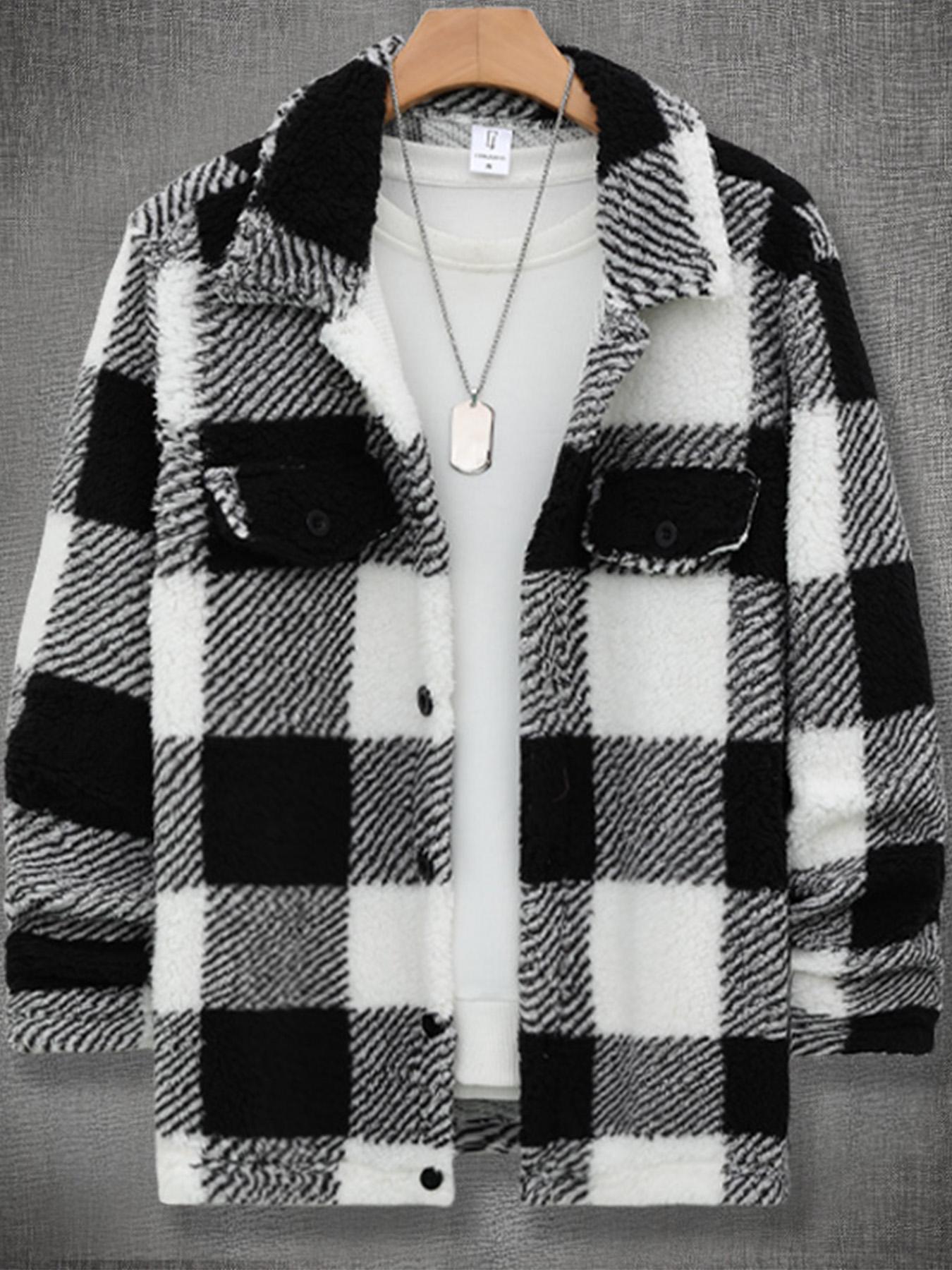 Men's Plaid Print Button Front Fuzzy Lounge Jacket, Casual Long Sleeve Collared Outerwear for Fall & Winter, Men's Sleepwear for Daily Wear, Casual Style Outerwear, Casual Fitted Jacket