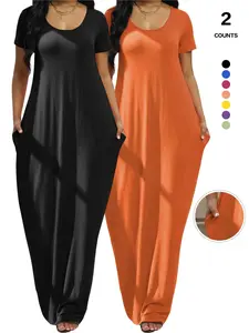 2-Pack Women Casual Nightgown, U-Neck Short Sleeve Loose Fit Maxi House Dress Loungewear, Soft Breathable Fabric, Side Pockets, Multiple Colors