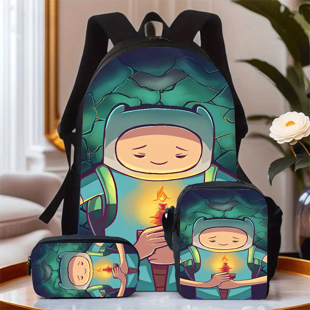 Adventure Time Finn dark green cracked background candlelight pattern three-piece school bag set, including a backpack, insulated lunch bag, and pencil case, suitable for teenagers' daily school use