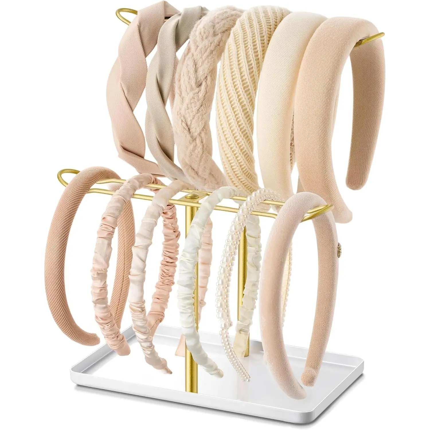 Metal Headband Holder Organizer, 2-Tier T-Bar Storage Rack with Tray & Anti-Slip Rods for Hair Accessories, Ideal Gift for Girls, White, Accessory, Racks