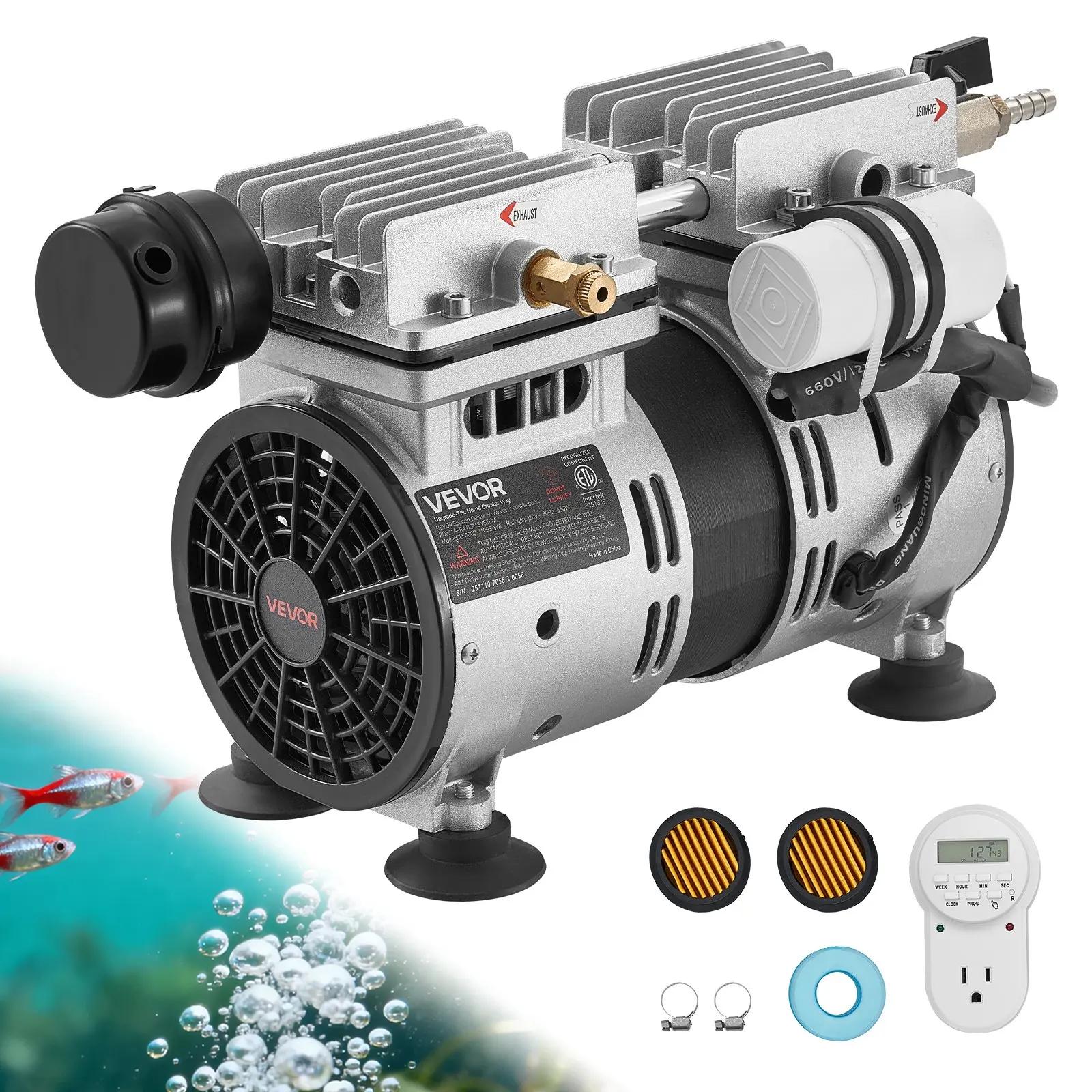 【Summerfinds】VEVOR Pond Aerator - 5.2CFM 3/4 HP 550W Air Compressor, Oxygen Boost for Aquatic Fish, Overheat Safety, Anti-Backflow Valve, Sludge Prevention, Water Circulation for Ponds Up to 3 Acres