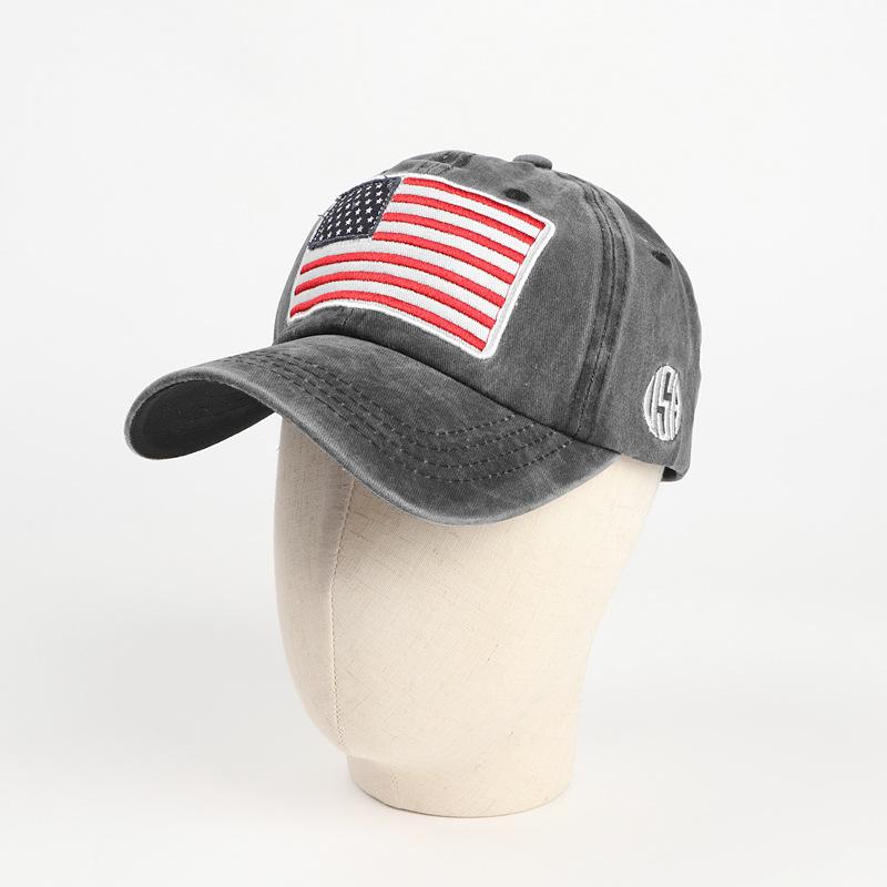 Baseball cap with American flag, pure cotton, letter embroidery, washed and distressed, curved brim, trendy new product
