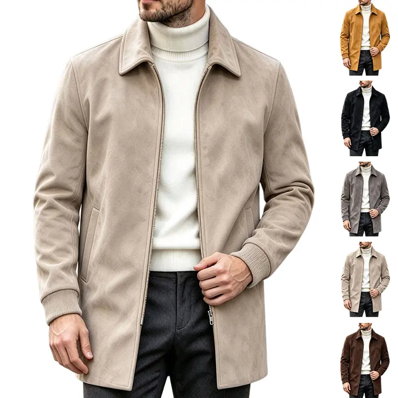 Men’s Suede Jacket Windproof Casual Coat, Premium Faux Suede Zip Up Jacket for Men with Classic Shirt Collar and Ribbed Cuffs, Vintage Minimalist Outerwear Fall Winter Fashion, Old Money Style Streetwear Jacket, Smart Casual Travel Outfit Layering Piece