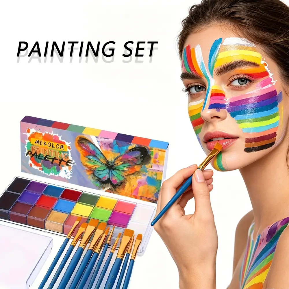 Full Shade Water Activated Body Face Paint Set, Blendable Non-irritating High Pigment Formula with Complete Artist Brushes, Versatile Makeup for Festival Costume, Face Graffiti, Party Dress-up & Professional Body Art