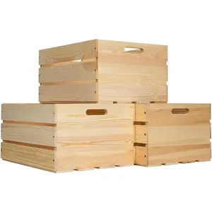 3 count Large Pine  Crates For Storage, Unfinished  Wooden Crates, 17" x 13" x 8.9" Each, Holds Up to 50 Pounds