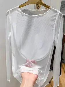 Lace Sheer Mesh Long Sleeve Top, Elegant Inner Wear, Minimalist, Loose Fit, Youthful Mom Style, Versatile Layering Piece, Comfortable Daily Wear