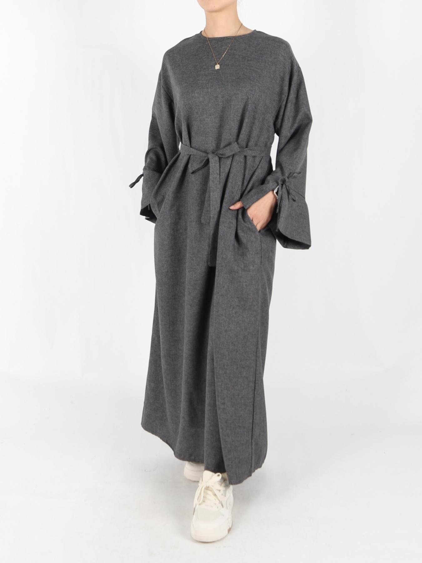 Women's Solid Belted Long Sleeve Muslim Dress, Casual Elegant Modesty Round Neck Dress for Daily Wear, Ladies Abaya Islamic Clothing for All Seasons, Dresses for Women, Solid Color Abaya, Abaya Dress Set, Abayas for Eid, Tunic Dress, Classy Modest Dresses