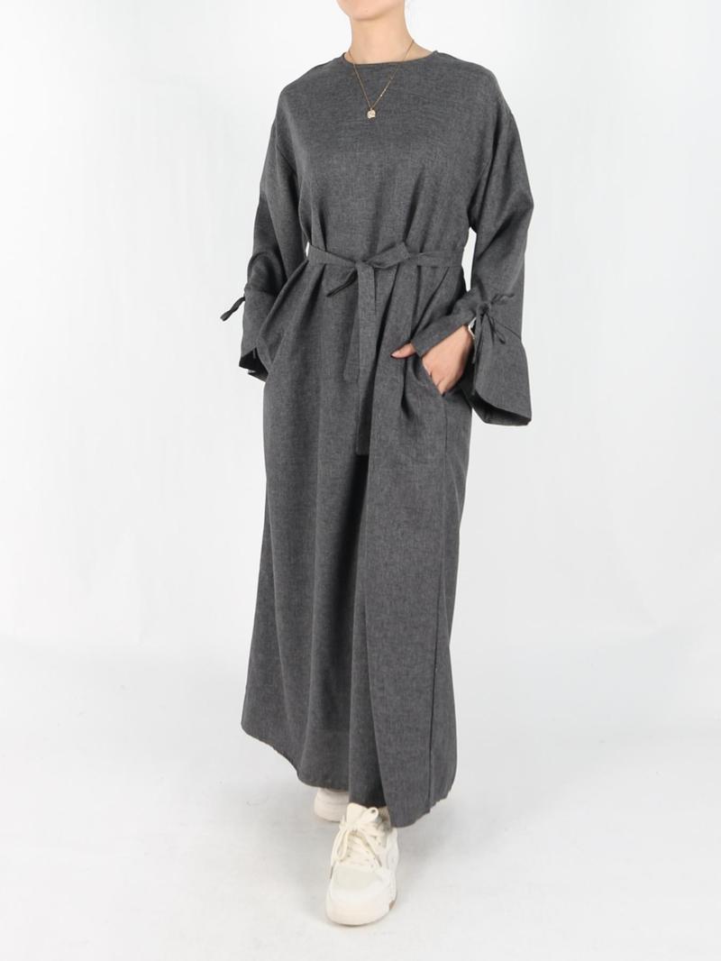 Women's Solid Belted Long Sleeve Muslim Dress, Casual Elegant Modesty Round Neck Dress for Daily Wear, Ladies Abaya Islamic Clothing for All Seasons, Dresses for Women, Solid Color Abaya, Abaya Dress Set, Abayas for Eid, Tunic Dress, Maxidresses