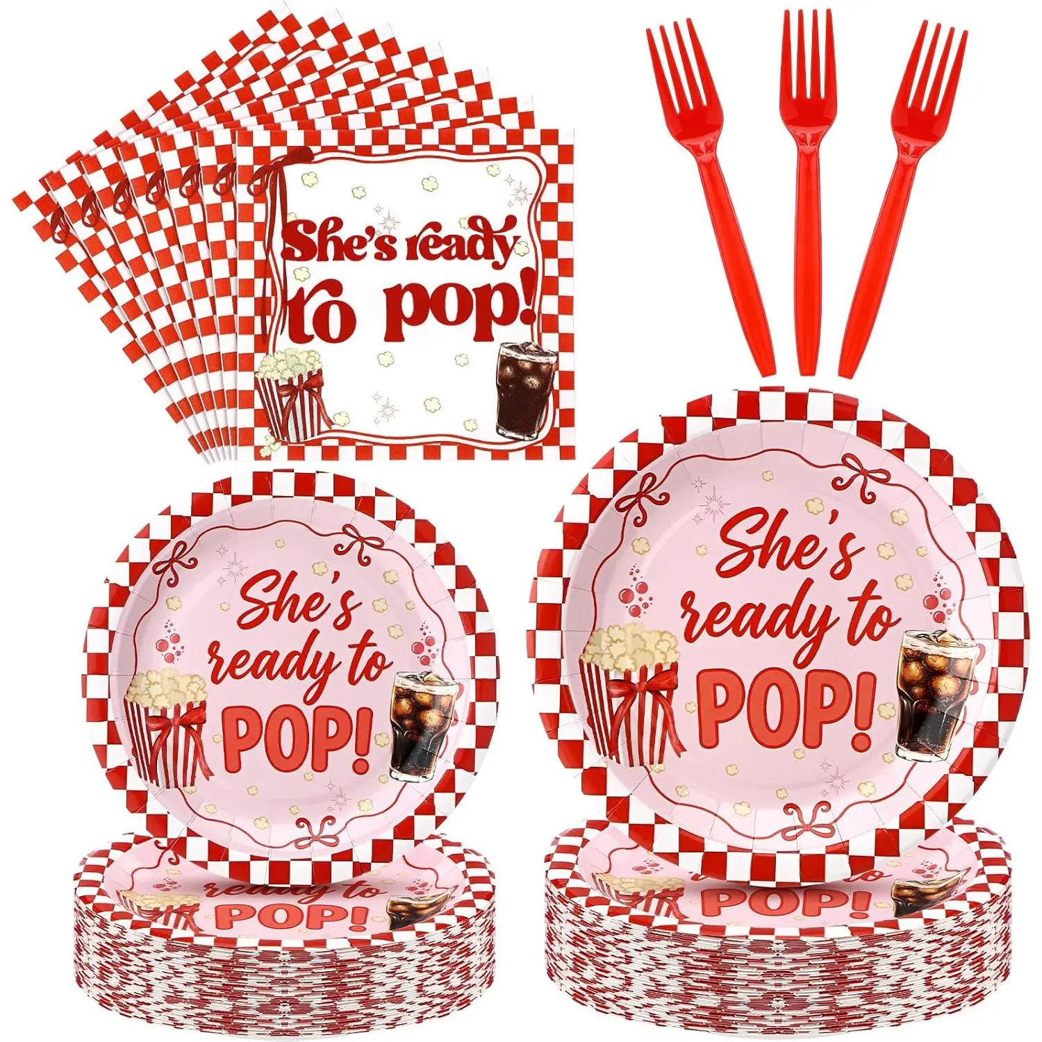 Yungyan 96-Piece Thick Soda Theme Disposable Tableware Set - Red Plaid, Popcorn Print, 2 Plate Sizes, Water Absorbent Napkins, Plates & Forks for Baby Shower, Gender Reveal Party Supplies, Two Plate Sizes