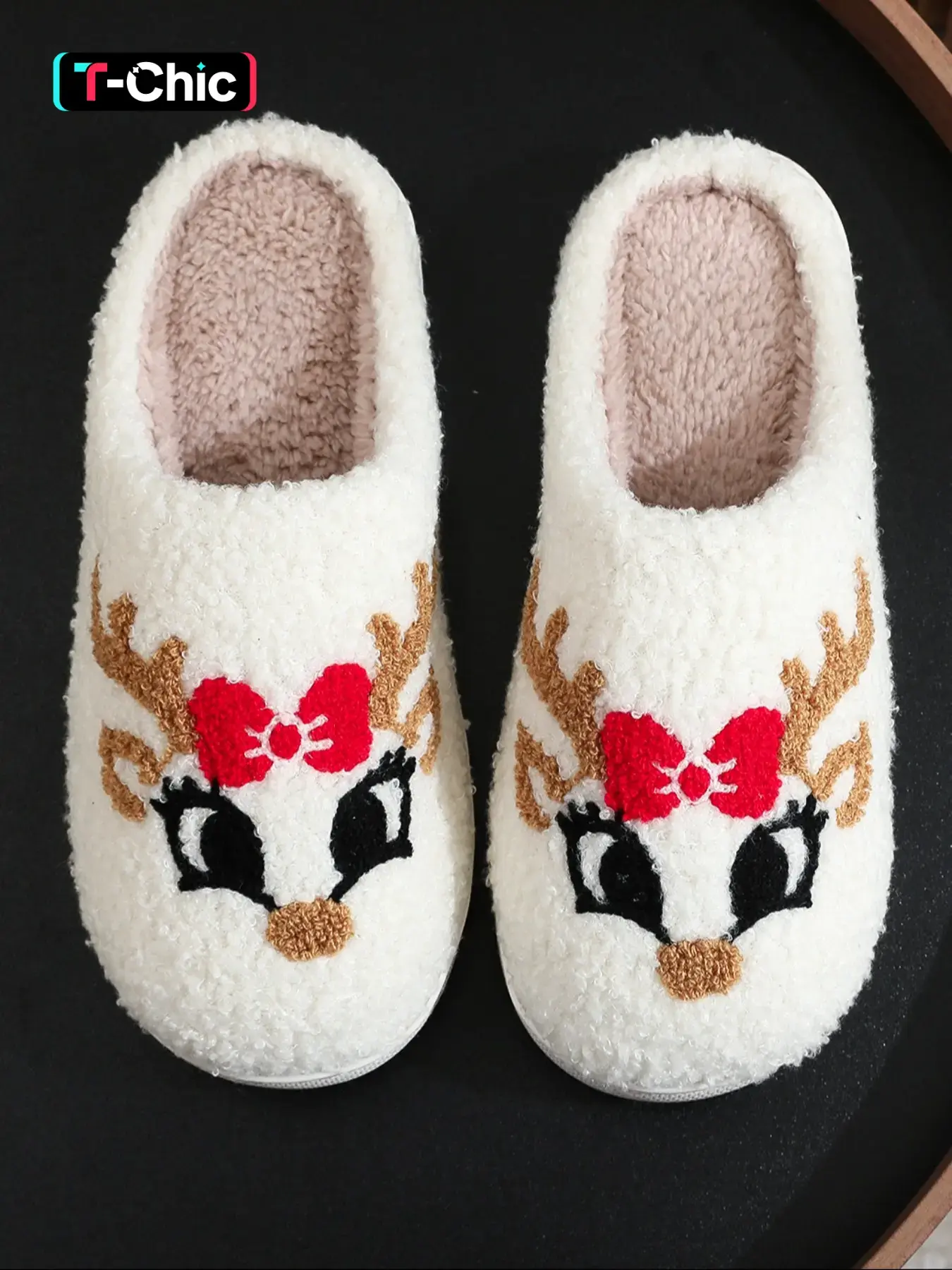 Women's Christmas Slippers, Soft Plush Indoor Outdoor Shoes, Embroidered Reindeer Antlers Bowknot Design, Fall Winter Footwear Gift, House Slippers
