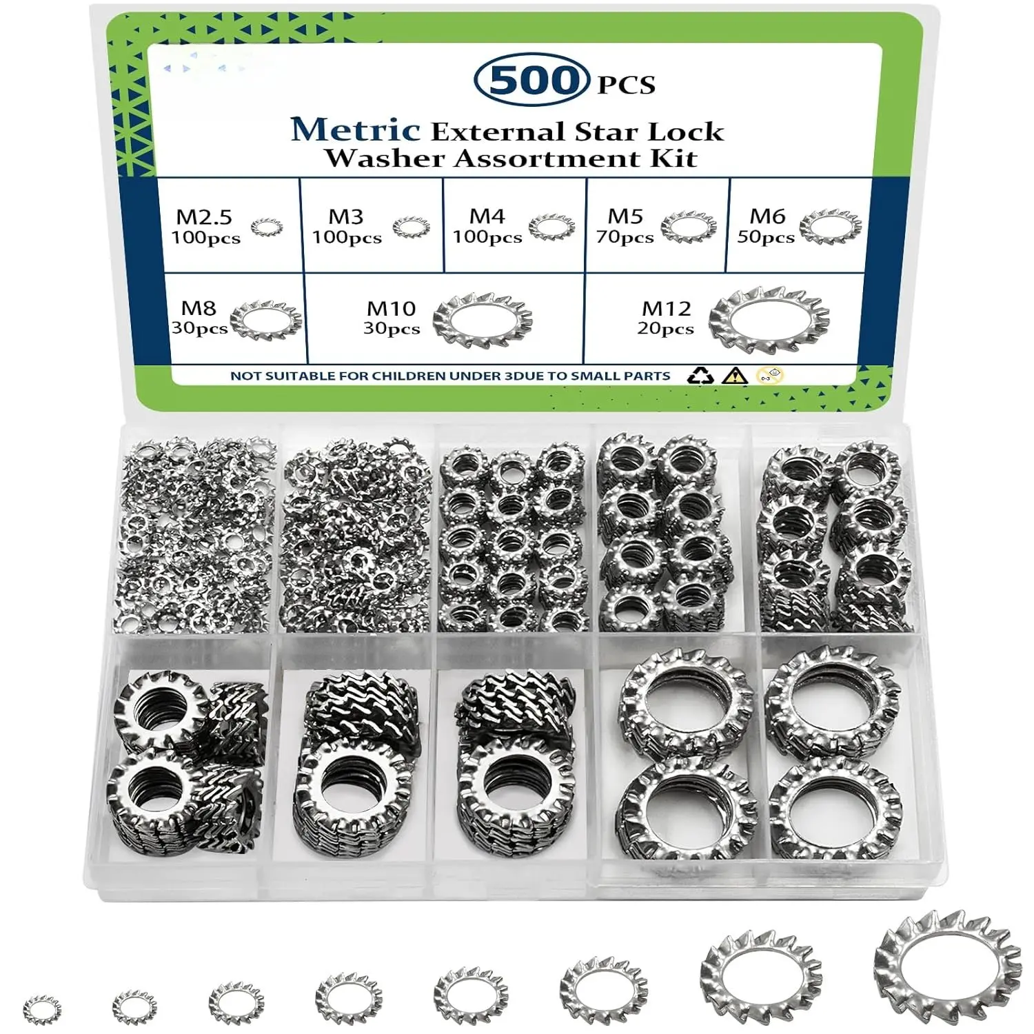 Washers External  Lock Washers  (M2.5-M12) 500 count | M2.5 M3 M4 M5 M6 M8 M10 M12 locking washers, 304 stainless steel, metric serrated  locking washers for grounding