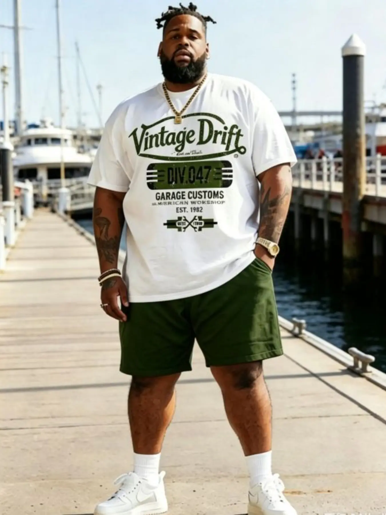 Men's Plus Size Vintage Retro Style Two-Piece Set, T-Shirt with Army Shorts, Loose Fit, Casual Summer, Trendy for Big Guys